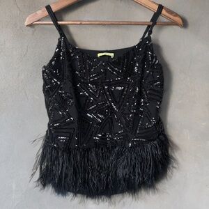✨ Gianni Bini Black Sequin Feather Trim Spagetti Strap Top ✨